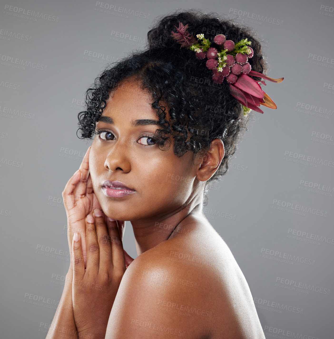 Buy stock photo Black woman, beauty and hair in skincare art for makeup, cosmetics or treatment against a grey studio background. Portrait of African American female model with beautiful hairstyle and care for skin