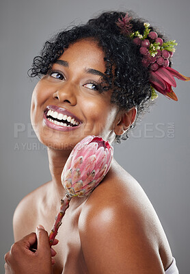 Buy stock photo Protea flowers, happy woman and natural beauty, glowing skincare and organic eco makeup, aesthetic wellness or floral perfume on studio background. Happy young model face, plants and herbal cosmetics
