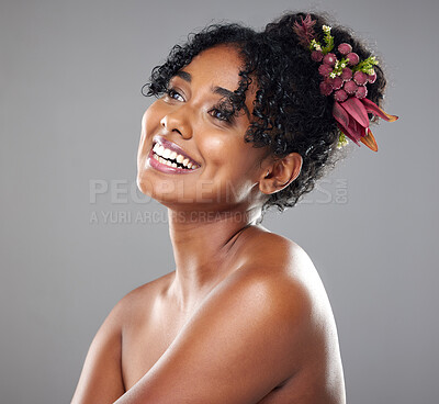 Buy stock photo Black woman, beauty skincare smile with healthy happy glow on body and cosmetics face against studio wall. Makeup model girl, natural shine on skin wellness and health with dark background in Atlanta