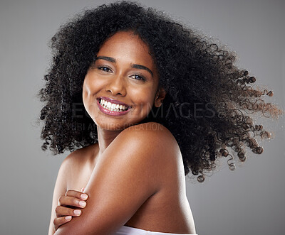 Buy stock photo Beauty, skincare and hair care of black woman with smile for cosmetics, makeup and dermatology mockup for health and wellness. Portrait of happy female with a healthy glow on face, skin and body