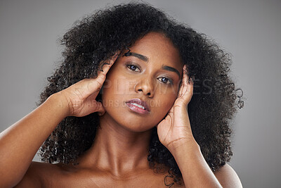 Buy stock photo Black woman, hair and skin, beauty and natural makeup advertising, skincare and facial treatment portrait with studio background. Cosmetics, face and body care ad, clean and fresh with wellness glow.