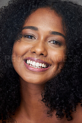Buy stock photo Hair care, portrait and smile of a woman with beauty, skincare and makeup. Face of a young, happy and African girl model with cosmetics, happiness with dental teeth and facial dermatology care