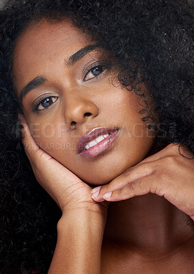 Buy stock photo Black woman, face and skin, skincare and beauty, natural hair and makeup advertising portrait closeup. Young model hands, frame with cosmetics and facial treatment, body care and wellness glow.
