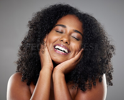 Buy stock photo Black woman, skincare model with smile in studio against grey wall background with happiness. Plus size beauty, happy cosmetic woman with glow skin wellness for makeup cosmetics against dark backdrop