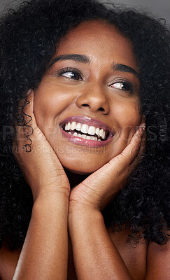 Buy stock photo Black woman, makeup and beauty in closeup, face and smile with hands, cosmetic and happiness. Model, happy and skincare with cosmetics, shine or glow on skin for dermatology, wellness or health