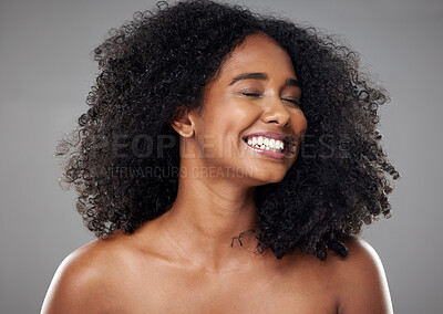 Buy stock photo Black woman, smile and natural beauty of a model with skincare, wellness and healthy body. Happy, cosmetic and skin health of a person with an afro feeling happiness and content smiling with joy