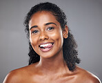 Happy black woman, face portrait and tongue out for healthy skincare morning routine. Beautiful young african girl, smile and fun cosmetic beauty wellness lifestyle or natural care in studio
