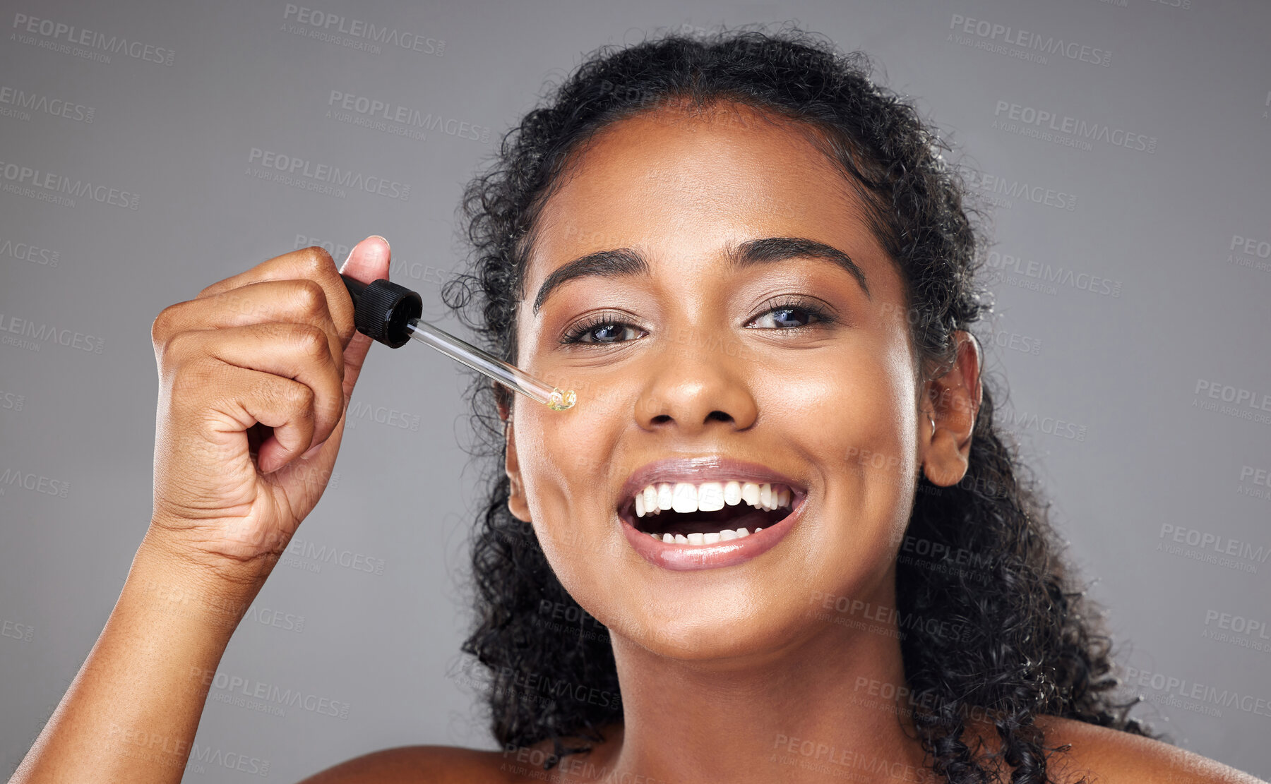 Buy stock photo Beauty, face skincare and black woman with serum for glowing skin hydration, anti aging or protection. Happy aesthetic portrait of girl with liquid spa product, facial collagen oil or hyaluronic acid