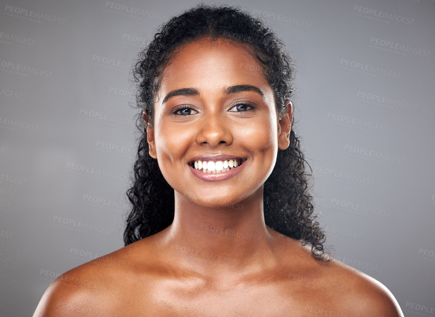 Buy stock photo Skincare, model and beauty with black woman in studio for hygiene, grooming and pamper with mockup. Face, portrait and woman relax, happy and smile for wellness cosmetics, treatment and cleaning