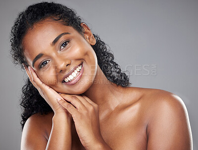 Buy stock photo Black woman, beauty and portrait smile in skincare, cosmetics or treatment against a grey studio background. Portrait of happy African American female face smiling for cosmetic care and perfect skin