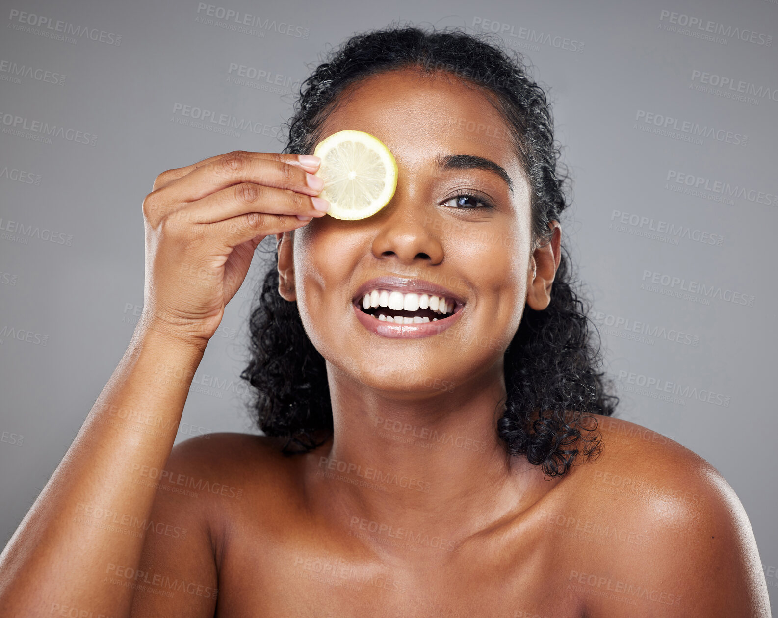Buy stock photo Beauty, skincare and lemon with portrait of woman for health, wellness and vitamin c facial product. Smile, luxury and spa with face of girl and fruit for happy, model and natural makeup cosmetics