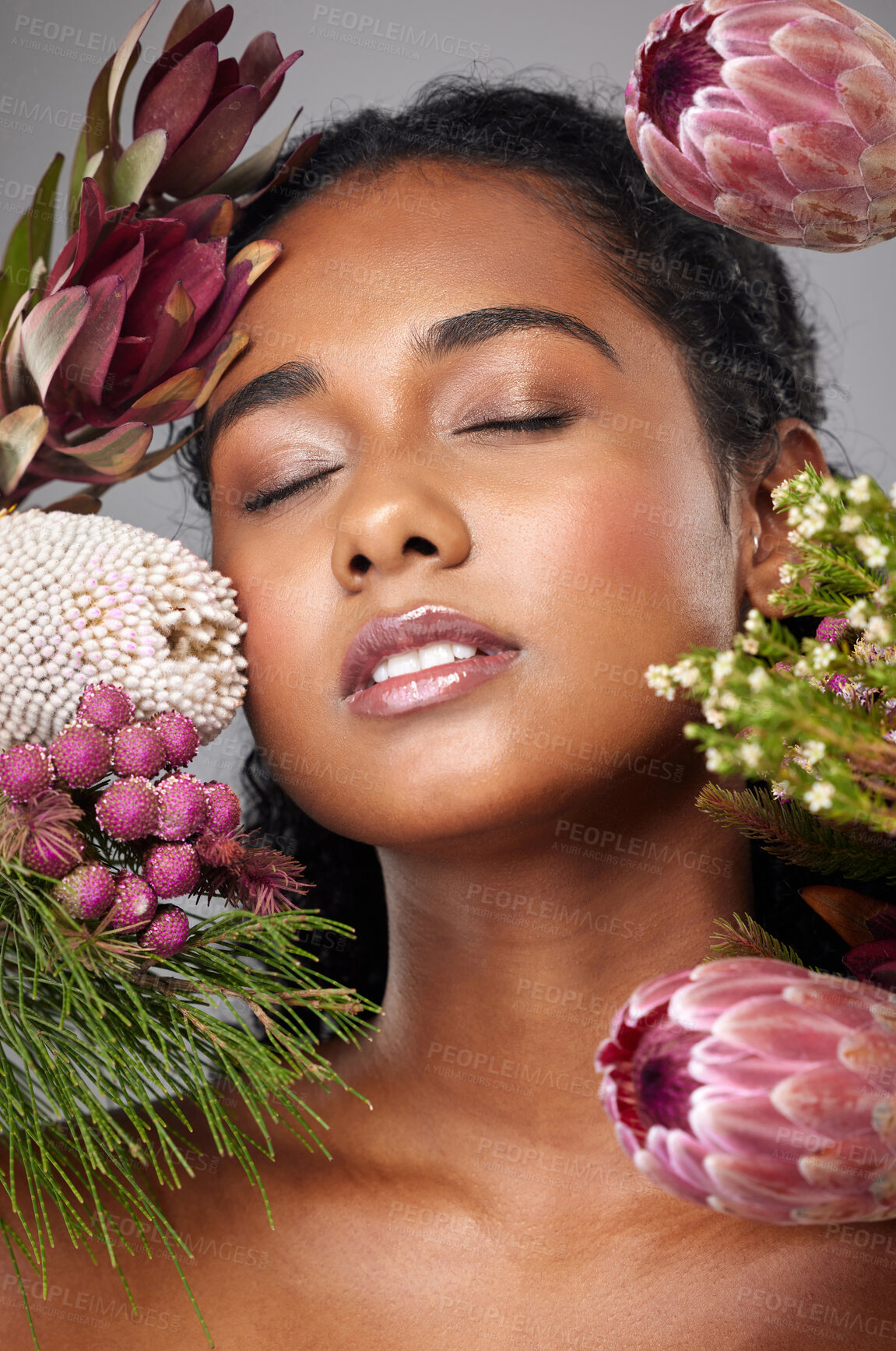 Buy stock photo Beauty, woman and face, skin and flowers, natural cosmetic with skincare and facial treatment advertising. Spring bouquet, makeup and floral aesthetic, clean and fresh glow, cosmetology and wellness.
