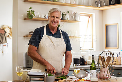 Buy stock photo Senior man portrait, cooking in kitchen and prepare food, lunch meal and dinner in home. Happy mature house chef chop ingredients with knife on cutting board for healthy eating, recipe and nutrition 