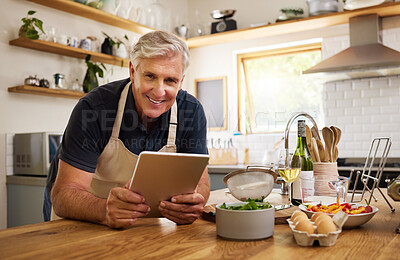 Buy stock photo Senior man portrait, cooking and tablet of a elderly person in a kitchen ready for morning breakfast. Online recipe, technology and web scroll at home with internet and technology to cook home food 