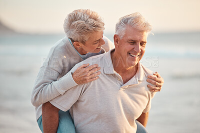 Buy stock photo Senior couple, piggy back and beach retirement, summer vacation or sunshine holiday together in outdoor Australia nature. Happy man, smile woman and elderly people in love, romance and relax at ocean
