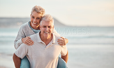 Buy stock photo Piggy back, love and senior couple with smile, adventure and bonding together on travel for fun, anniversary and outdoor. Romantic, mature man and elderly woman being loving, embrace and playing.