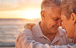 Love, family and senior couple at a beach at sunset, hug and relax while sharing a romantic moment at the ocean. Travel, sunrise and retirement by man and woman embracing in Mexico, happy and in love