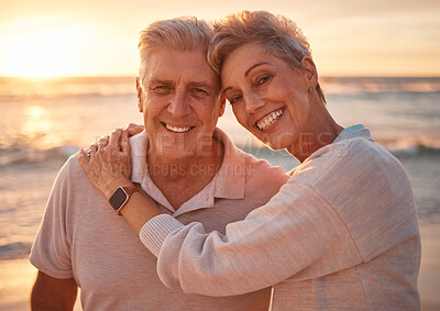 Buy stock photo Senior couple, beach portrait and hug on vacation, trip or summer holiday. Love, sunset and elderly, retired and happy man and woman on sea or ocean shore enjoying romantic time together outdoors.