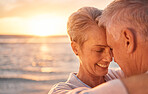 Retirement couple, sunset and beach, hug and love on summer vacation, ocean holiday and nature by mockup. Happy, smile and senior man, woman or people face relax by sea, freedom and outdoor Australia