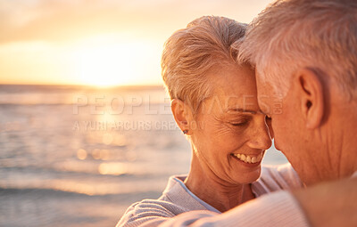 Buy stock photo Retirement couple, sunset and beach, hug and love on summer vacation, ocean holiday and nature by mockup. Happy, smile and senior man, woman or people face relax by sea, freedom and outdoor Australia