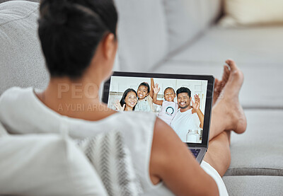 Buy stock photo Woman, video call and tablet screen talking to family, wave hello and home network telecom connection online in living room. Grandma digital zoom call, virtual communication and voip chat on tech app