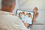 Love, laptop and grandfather on video call communication with children, parents and happy family wave hello at home. Relax senior man with digital photo album or memory gallery of dad, kids and mom