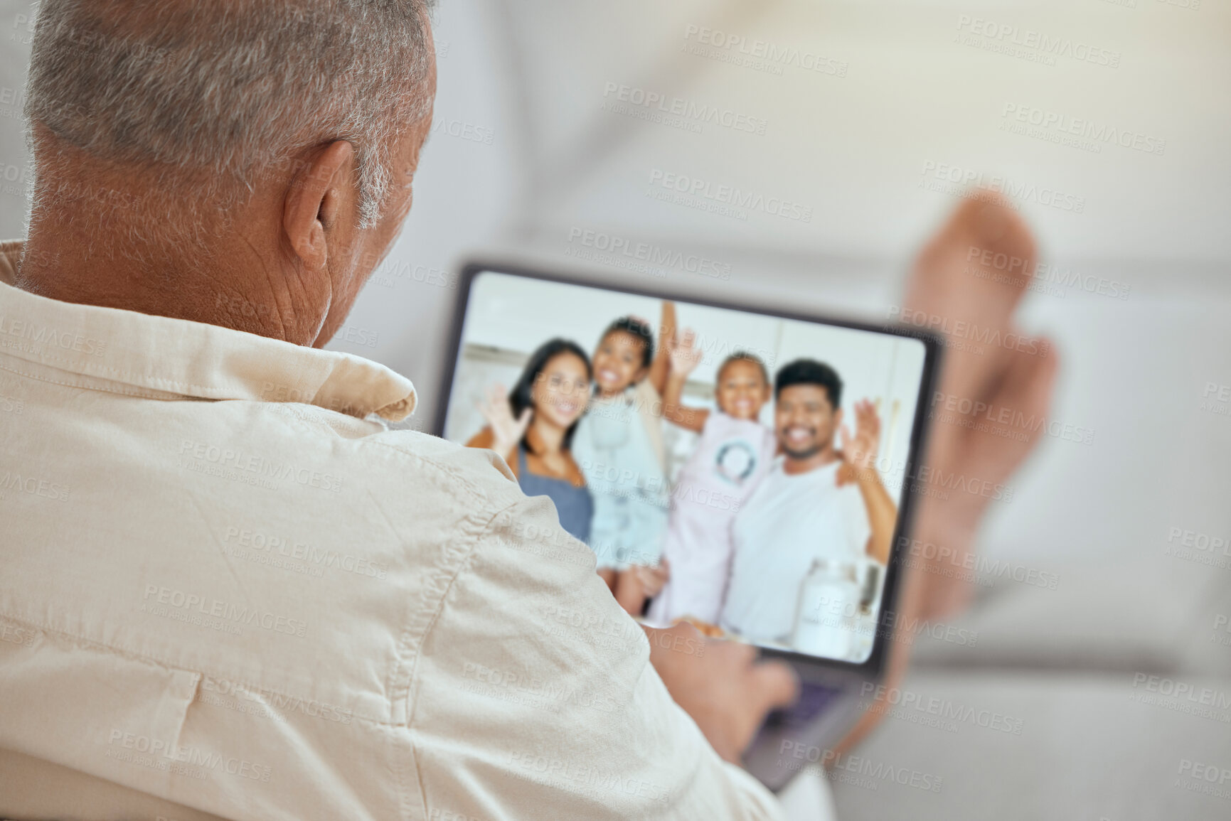 Buy stock photo Love, laptop and grandfather on video call communication with children, parents and happy family wave hello at home. Relax senior man with digital photo album or memory gallery of dad, kids and mom