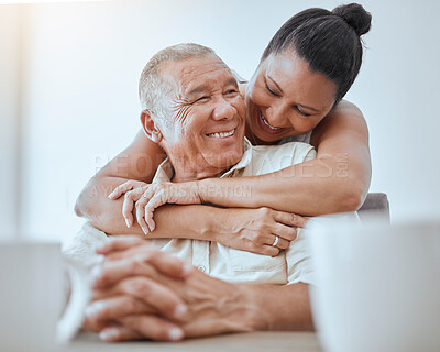 Buy stock photo Happy couple, retirement and hug in house for love, relax and break in Colombia family home together. Romance, smile and elderly man, woman and senior people happiness, care and easy living lifestyle