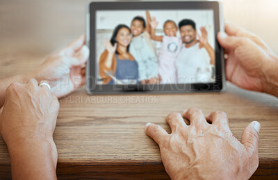 Buy stock photo Video call, happy and tablet with family and hands of grandparents for communication, contact and internet. Networking, 5g and technology with man and woman with screen or digital, online and chat
