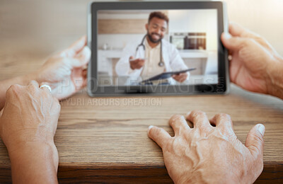 Buy stock photo Couple consulting doctor, tablet video call and healthcare, virtual help and medical test, check and screen advice. Home patient people, digital telehealth service and communication web consultation 