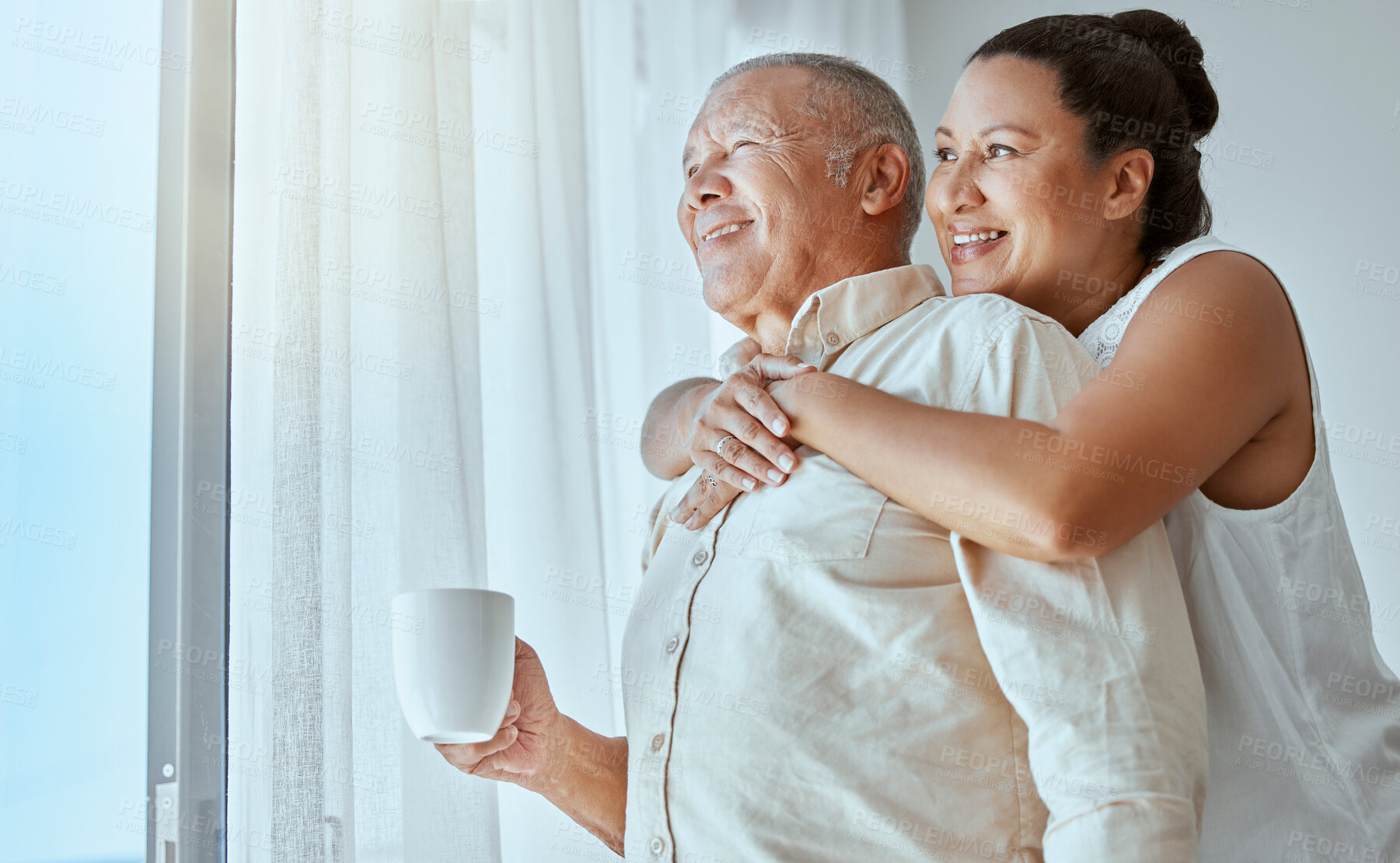 Buy stock photo Senior couple, retirement future and window vision for thinking, love and care in Colombia home. Happy, elderly and thinking woman hug man in house of morning relax, wellness hope and lifestyle peace