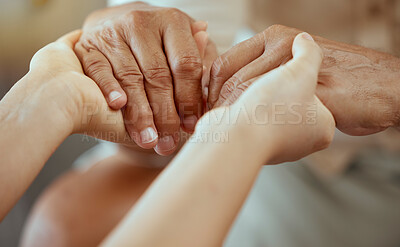 Buy stock photo Elderly care, help support and people holding hands for senior care, trust and consulting patient. Pension healthcare, retirement and caregiver nurse volunteer at nursing home for community charity