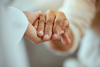 Buy stock photo Elderly support with family, people holding hands praying together in retirement and religion trust hope in god. Kind caregiver helping spiritual senior person and nursing rehabilitation with faith