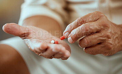 Buy stock photo Healthcare, pills and hands of elderly person with capsules, medication and treatment in palm. Health, wellness and senior citizen with medicine for ache, joint pain and arthritis in retirement home