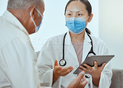 Buy stock photo Covid doctor, tablet and talking to patient for medical check, wellness consult and healthcare advice in clinic. Therapist, face mask and corona virus consulting, insurance and test results feedback