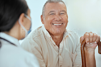 Buy stock photo Old man, cane and covid doctor in hospital for discussion, consultation or health check up. Healthcare, elderly and retired happy male with walking stick talking to female medical nurse in clinic.