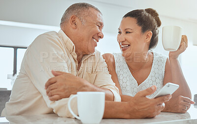 Buy stock photo Love, senior couple and phone with coffee, happy and being loving together bonding, retirement and enjoy quality time. Romance, mature man and elderly woman happiness, for relationship