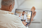 Laptop, healthcare and video call with a patient and doctor in an online medical assessment or remote consultation. Computer, internet and home consulting with a man talking to a health professional