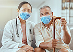 Covid portrait of doctor with senior patient for medical support, elderly care and pension healthcare. Retirement health insurance, corona virus help and hospital client  consulting medicine expert