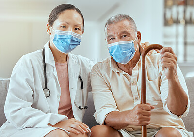 Buy stock photo Covid portrait of doctor with senior patient for medical support, elderly care and pension healthcare. Retirement health insurance, corona virus help and hospital client  consulting medicine expert