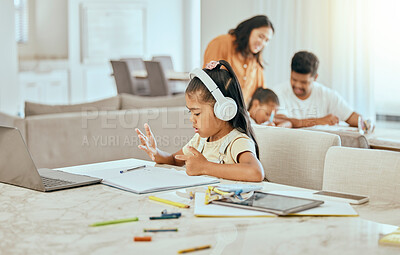 Buy stock photo Child, hand and counting at desk with book for math, homework or education in home with family. Girl, laptop and fingers with headphones, computer or notebook for development in homeschool at table