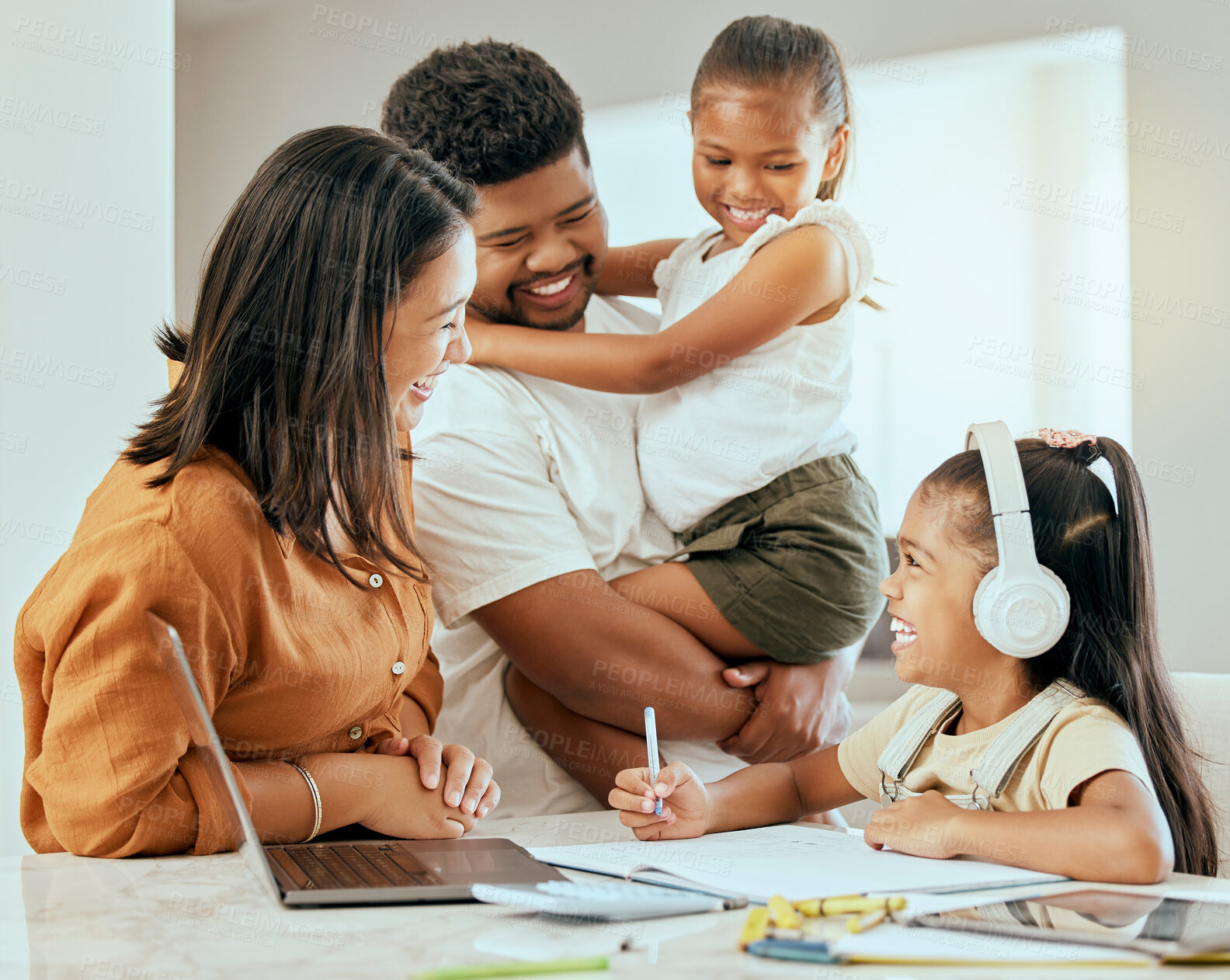 Buy stock photo Happy family, education and girl learning on a laptop with her parents, laughing and bond over online class in their home. Love, distance learning and child doing homework with family for support