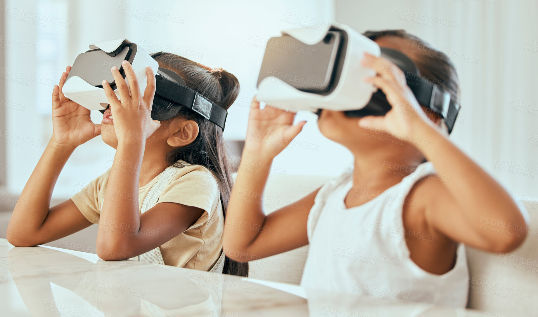 Buy stock photo Virtual reality headset, gaming and children with online tech gamer devices at home. Kids, 3d ai software environment technology and streaming metaverse video game using vr headgear in living room