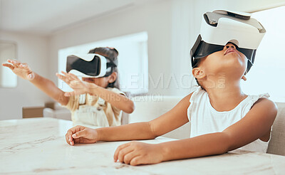 Buy stock photo Vr, technology and children in their home, playing with headset on streaming videos, games and metaverse ux. Tech, 3d and kids with virtual reality goggles on for movies, gaming and futuristic fun