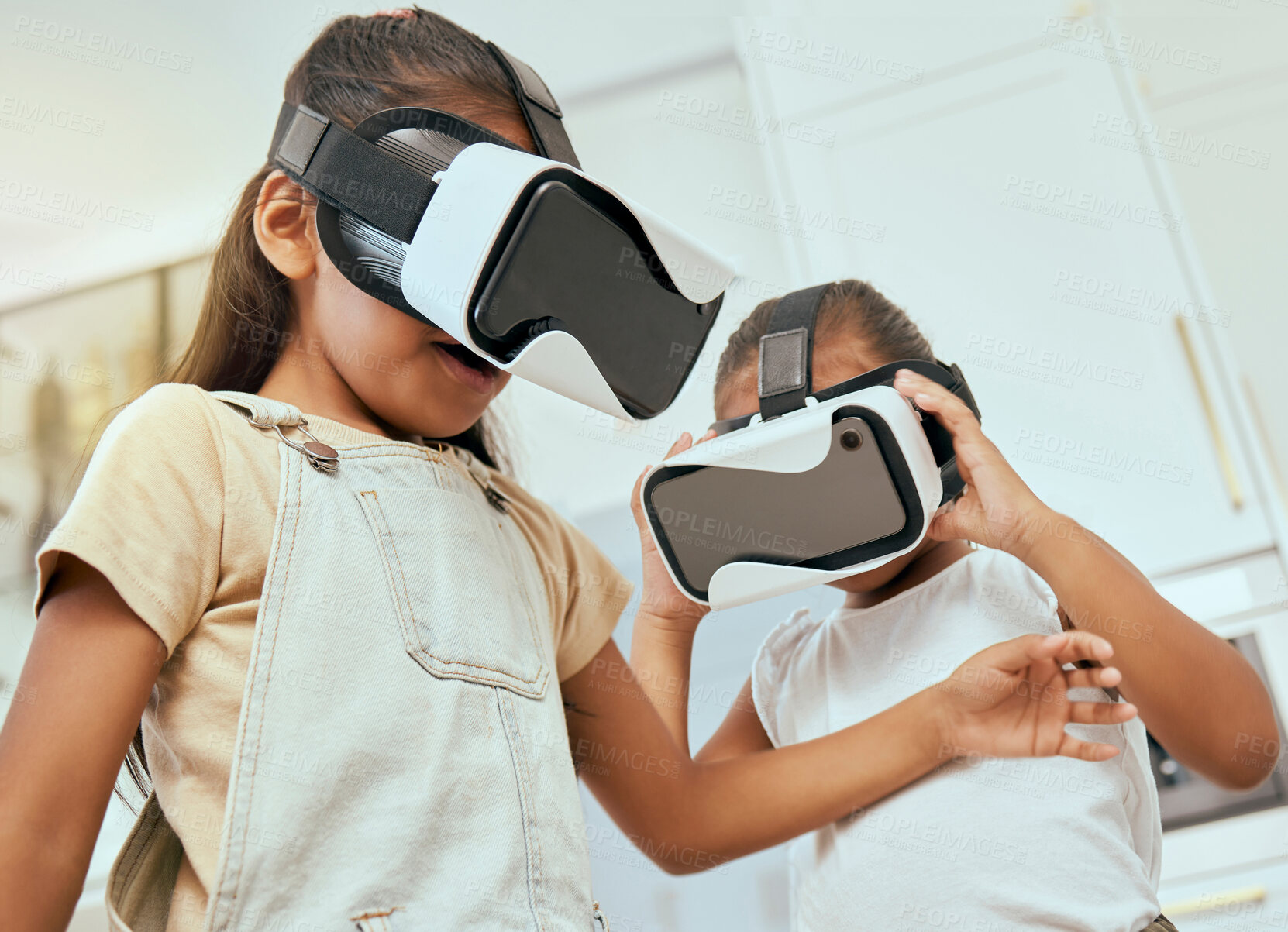 Buy stock photo VR, gaming kids and cyber vision, metaverse and fantasy media for video games education, iot innovation and creative future. Excited children, virtual reality experience and ux futuristic technology 