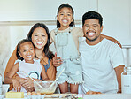 Baking, children and parents in the kitchen for food, dinner or lunch with smile in their house. Portrait of a happy, excited and mother and father with love while cooking breakfast with kids 