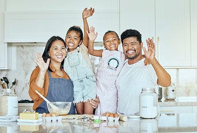 Buy stock photo Family, love and baking together in kitchen with smile, happy and wave with ingredients on counter or table. Portrait of girl kids, mother and father enjoy cooking or bake while bonding in home