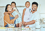 Family, black couple and children in kitchen, baking and quality time together with smile, happy and connect. Love, man and woman with girls, bonding with cooking ingredients and being loving at home