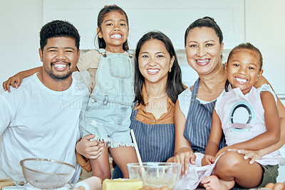 Buy stock photo Family, generations and baking, happy in the kitchen, together and learning for skill development and spending quality time. Father, mother and grandmother with children bonding, smile in portrait. 