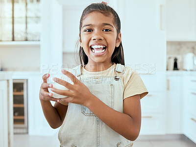 Buy stock photo Milk, portrait and child with a healthy drink for energy, growth and nutrition in the kitchen of a house. Happy, young and girl with a smile for calcium in a glass for breakfast and care for teeth